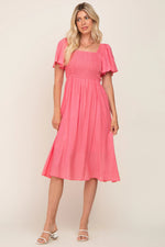 PinkBlush Coral Smocked Square Neck Flutter Short Sleeve Maternity Midi Dress - 