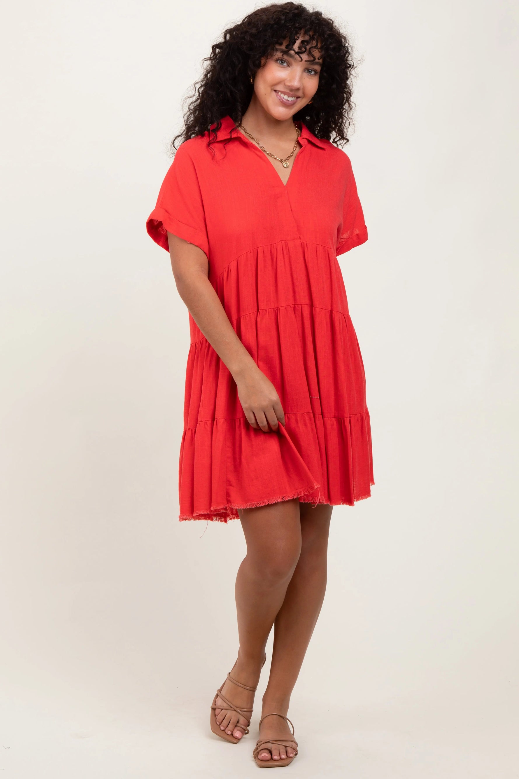 PinkBlush Coral Tiered Linen Dress - 