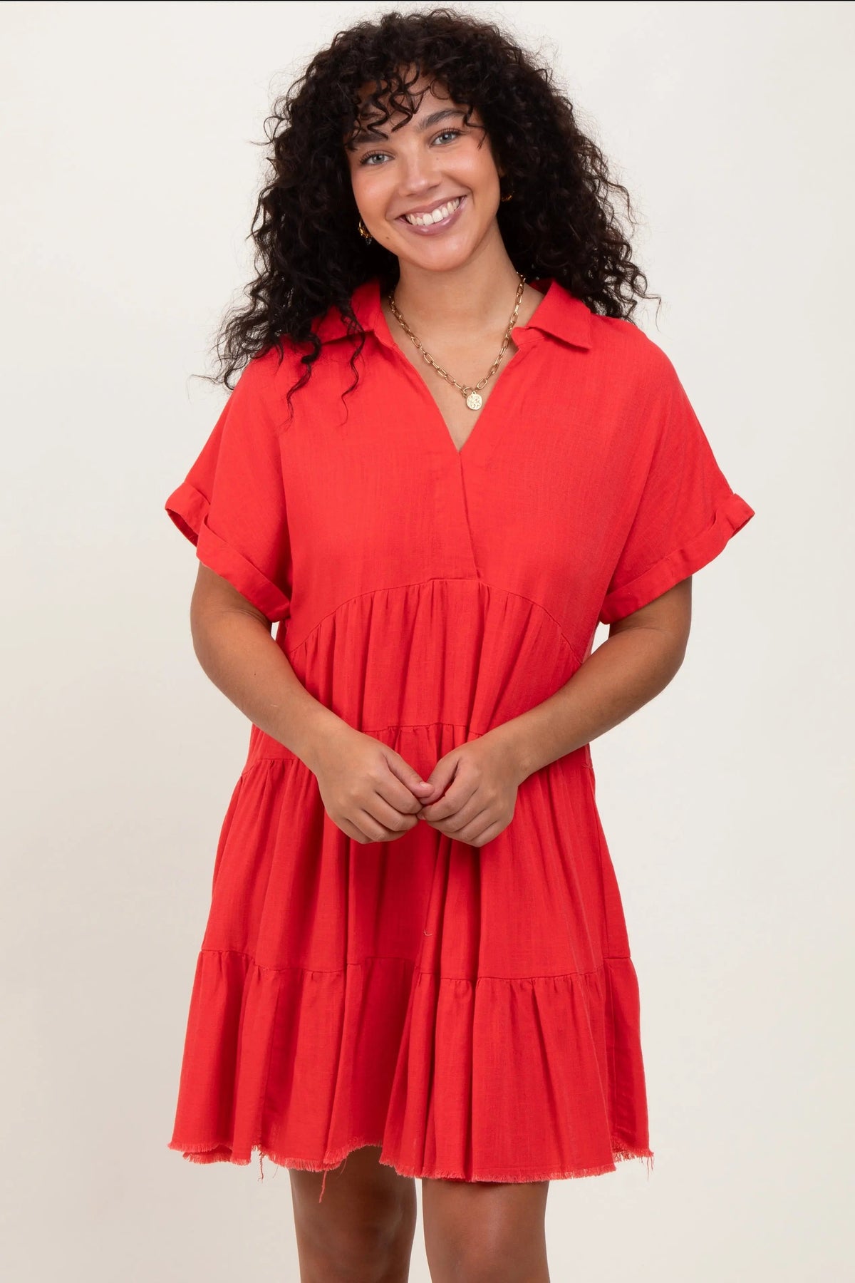 Coral Tiered Linen Dress - Red, One-piece garment, Dress, Day Dress, Person | Everetts Place