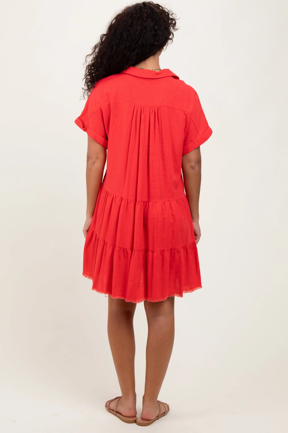 PinkBlush Coral Tiered Linen Dress - 