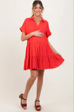 PinkBlush Coral Tiered Linen Maternity Dress - 