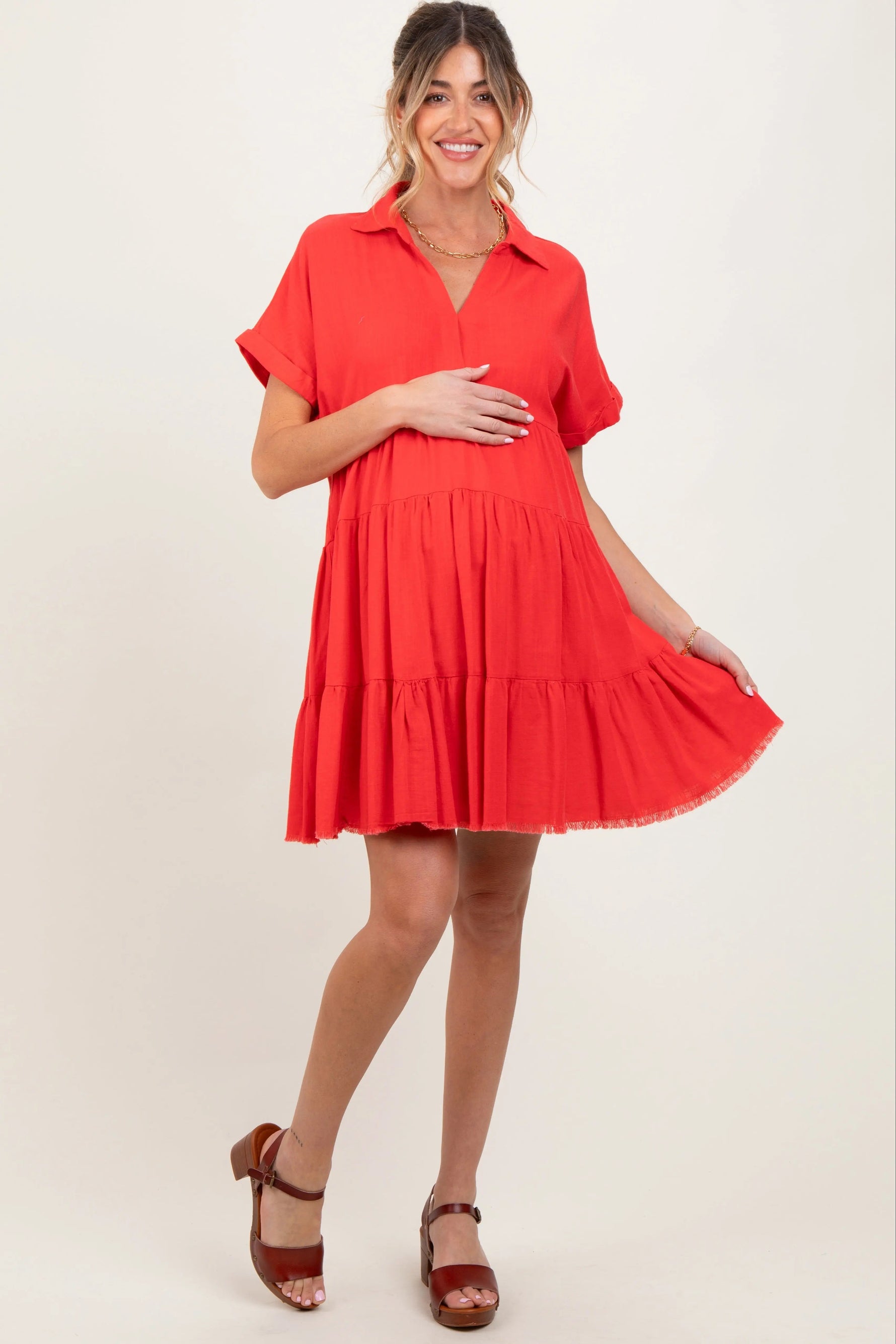 PinkBlush Coral Tiered Linen Maternity Dress - 
