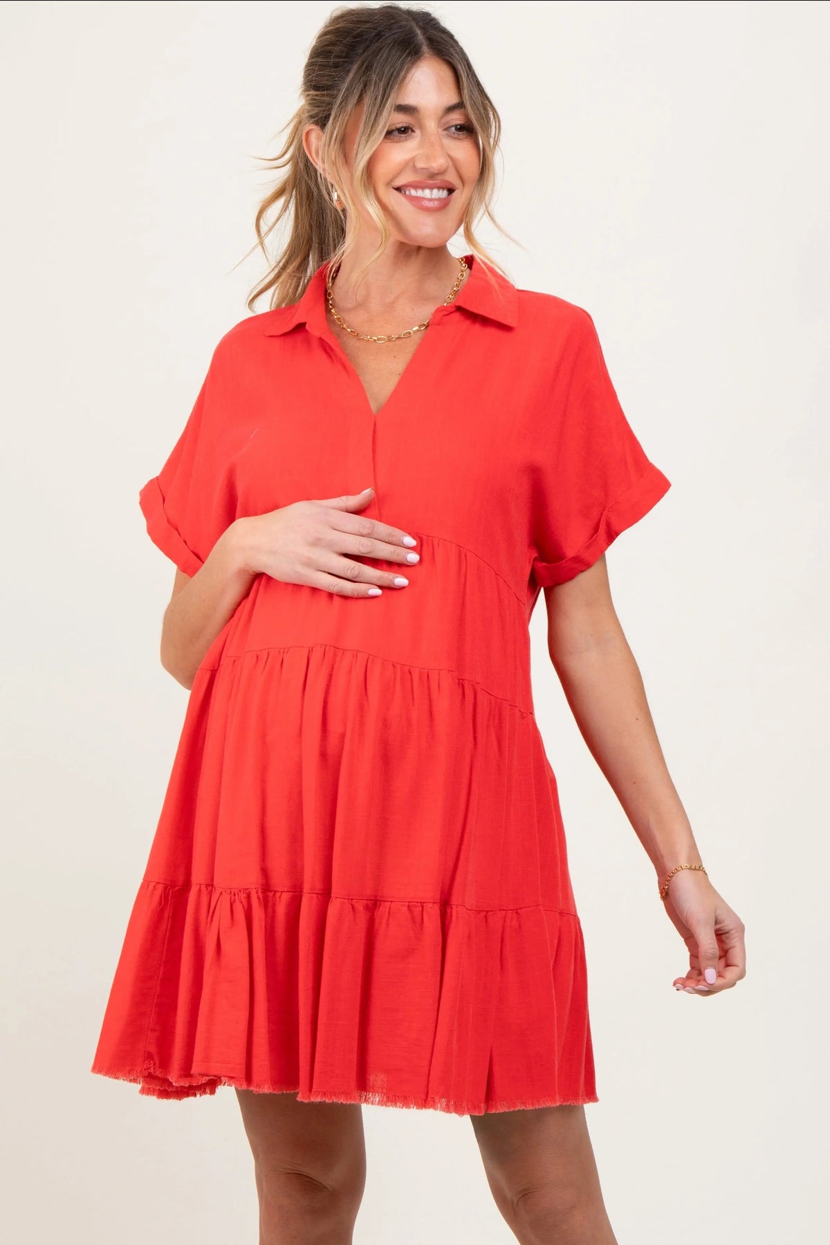 Coral Tiered Linen Maternity Dress - Red, Day Dress, One-piece garment, Person, Dress | Everetts Place