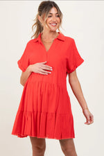 Coral Tiered Linen Maternity Dress - Red, Day Dress, One-piece garment, Person, Dress | Everetts Place