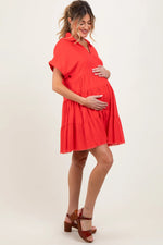 PinkBlush Coral Tiered Linen Maternity Dress - 