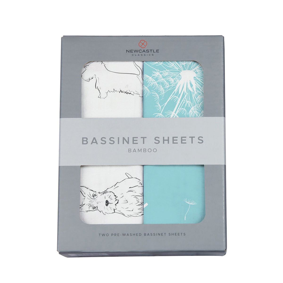 White bamboo changing pad cover/bassinet sheet with a charming corgi and dandelion seeds print.