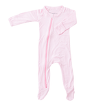 Baby pink footie pajamas with a full-length two-way zipper and footed legs.