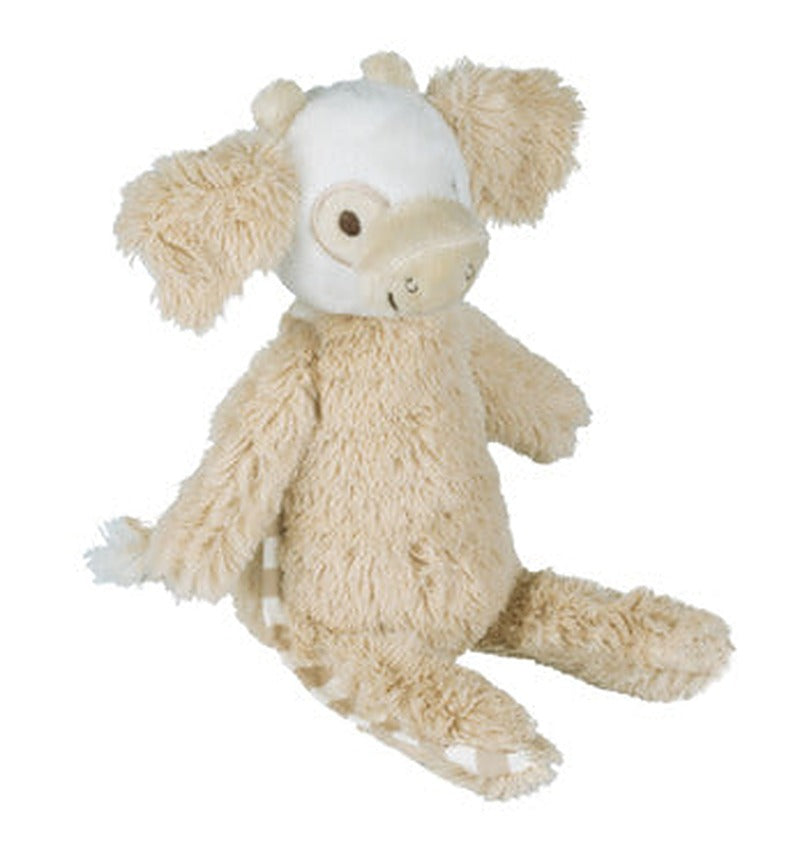 Plush cow toy with soft patchwork spots and a gentle face, smaller size for little hands.