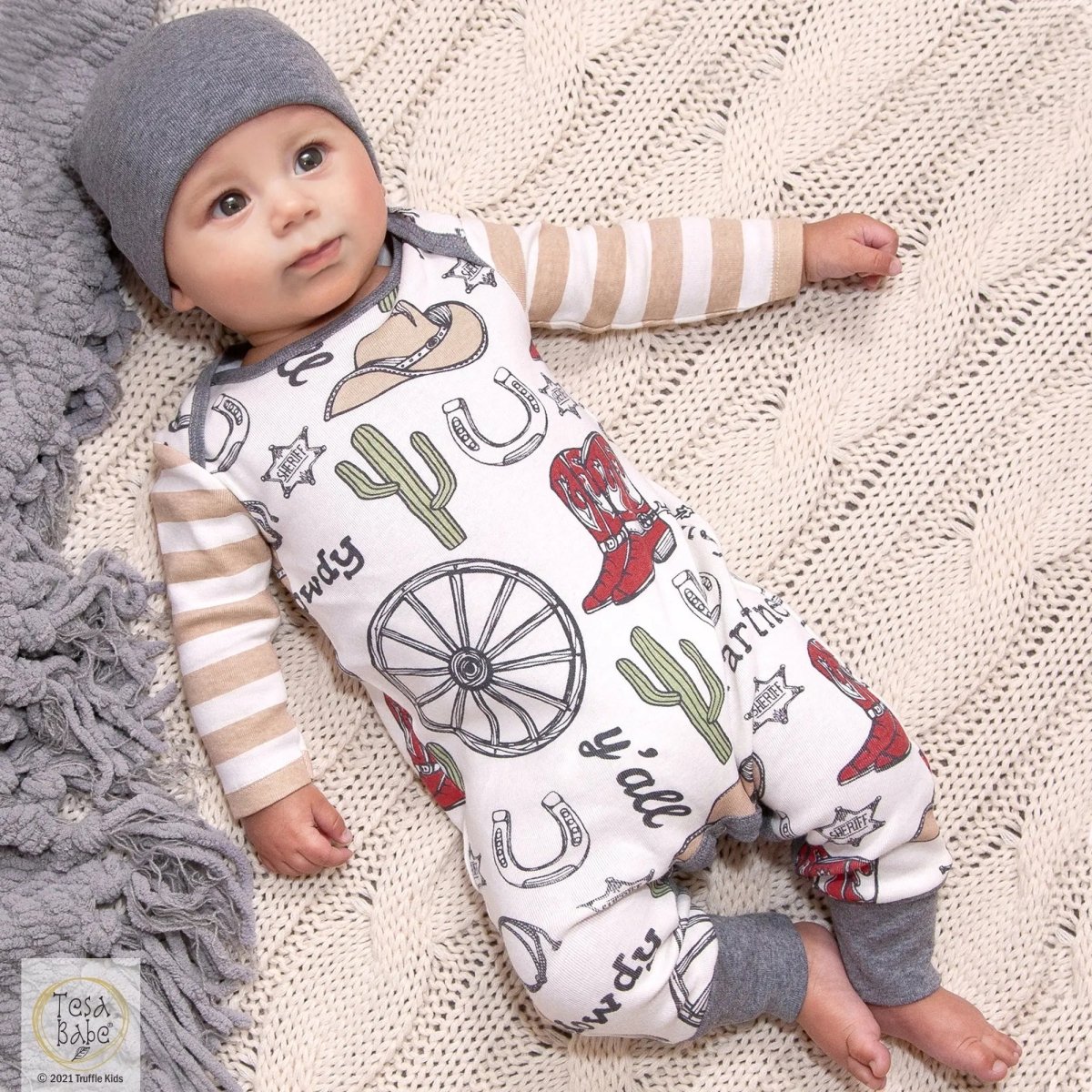 Tesa Babe Cowboy 3 Pcs Gift Set For Baby Boy Howdy Partner Romper Hat - Everetts Place Boutique - 