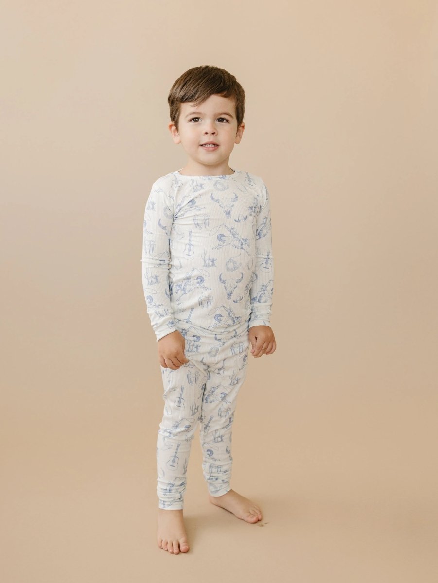 Little Joy Co. Cowboy Blues 2pc Ribbed Bamboo Pajamas For Kids Sleepwear - Everetts Place Boutique - 