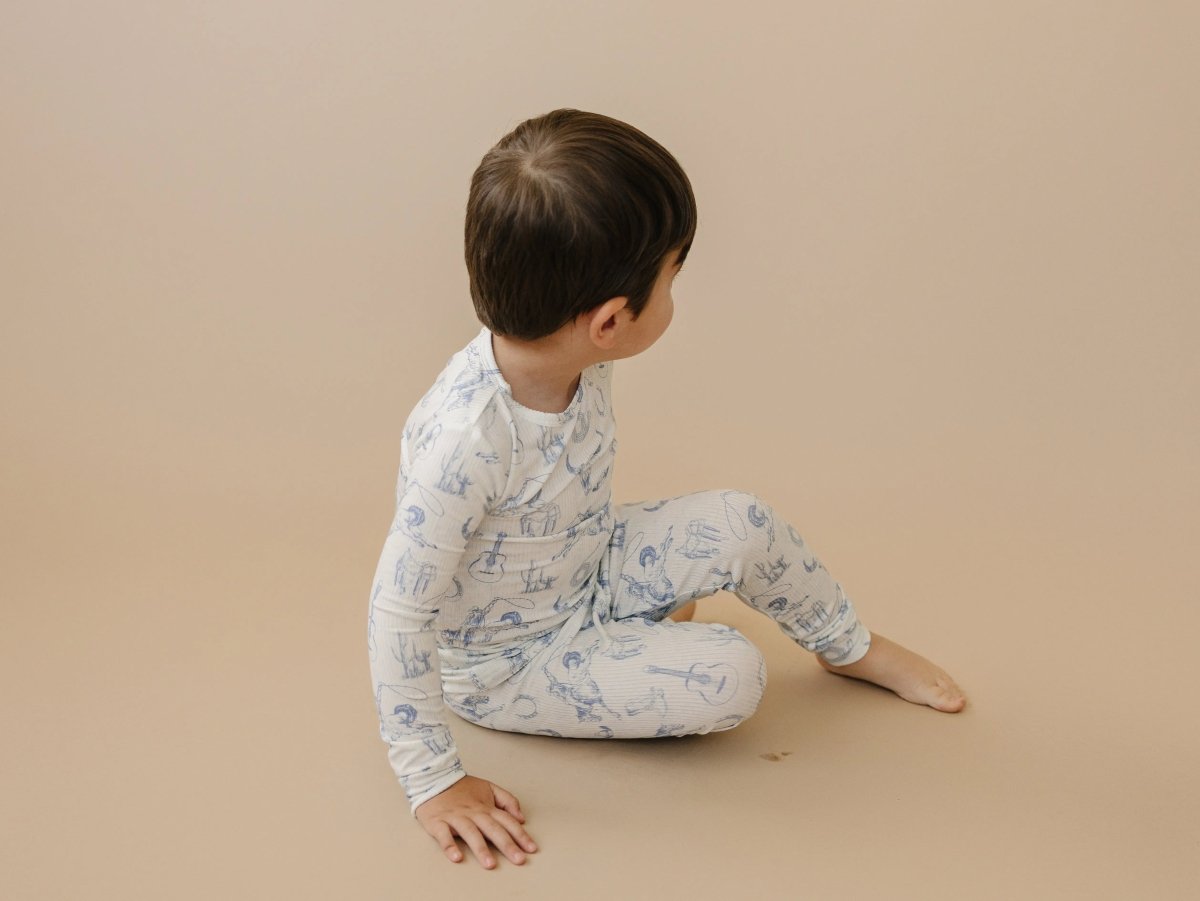 Little Joy Co. Cowboy Blues 2pc Ribbed Bamboo Pajamas For Kids Sleepwear - Everetts Place Boutique - 