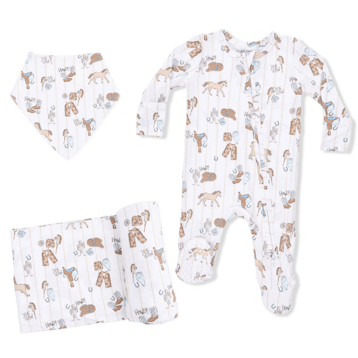Angel Dear Cowboy Nursery - 2 Way Zipper Footie, Bandana Bib, & Swaddle Blanket Set - 