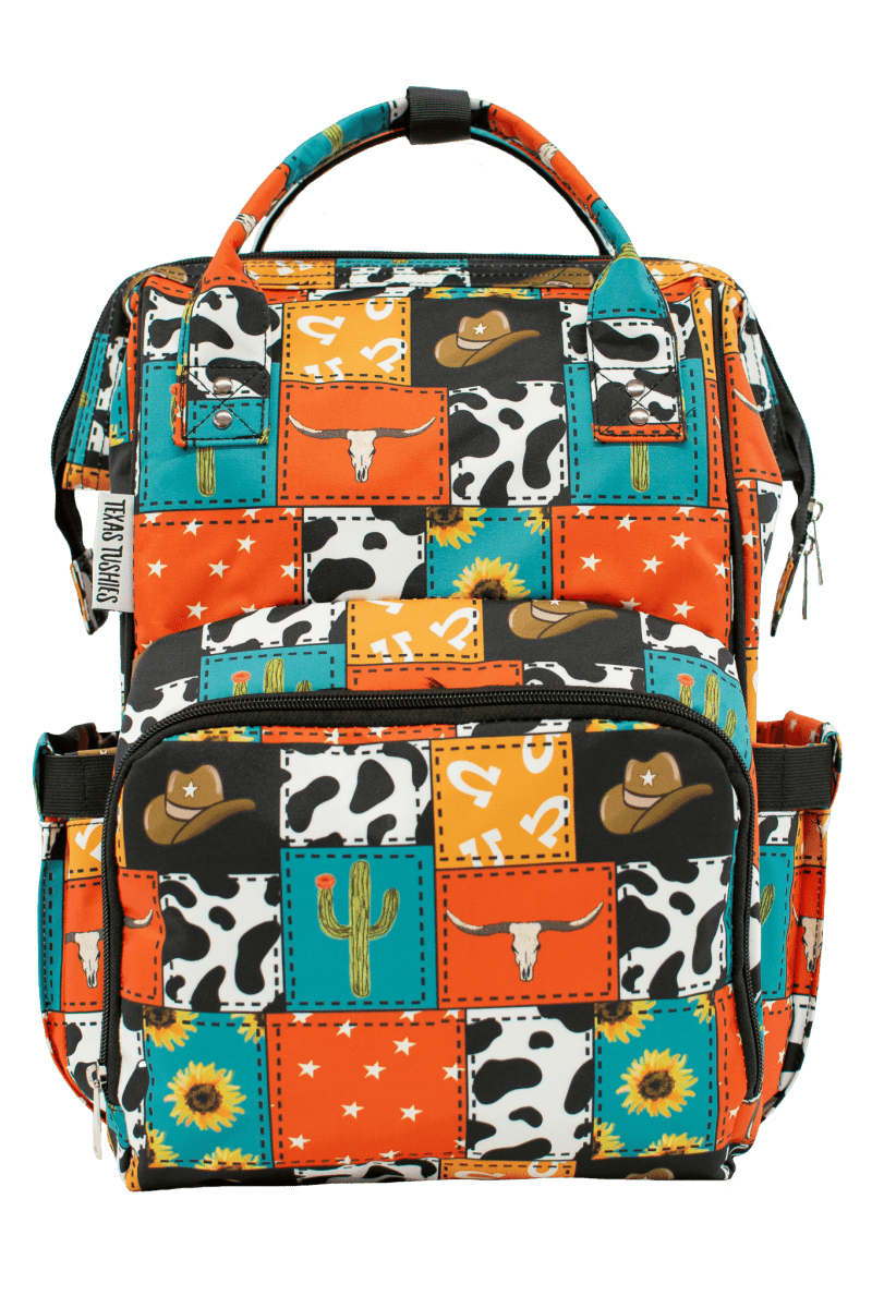 Texas Tushies Cowboy Patches Diaper Bag with Trendy Backpack Style for Busy Parents - 