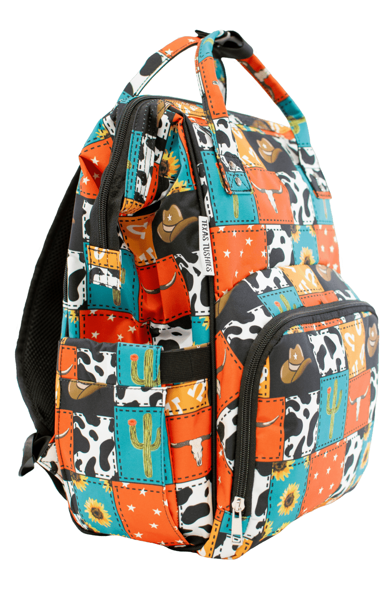 Texas Tushies Cowboy Patches Diaper Bag with Trendy Backpack Style for Busy Parents - 
