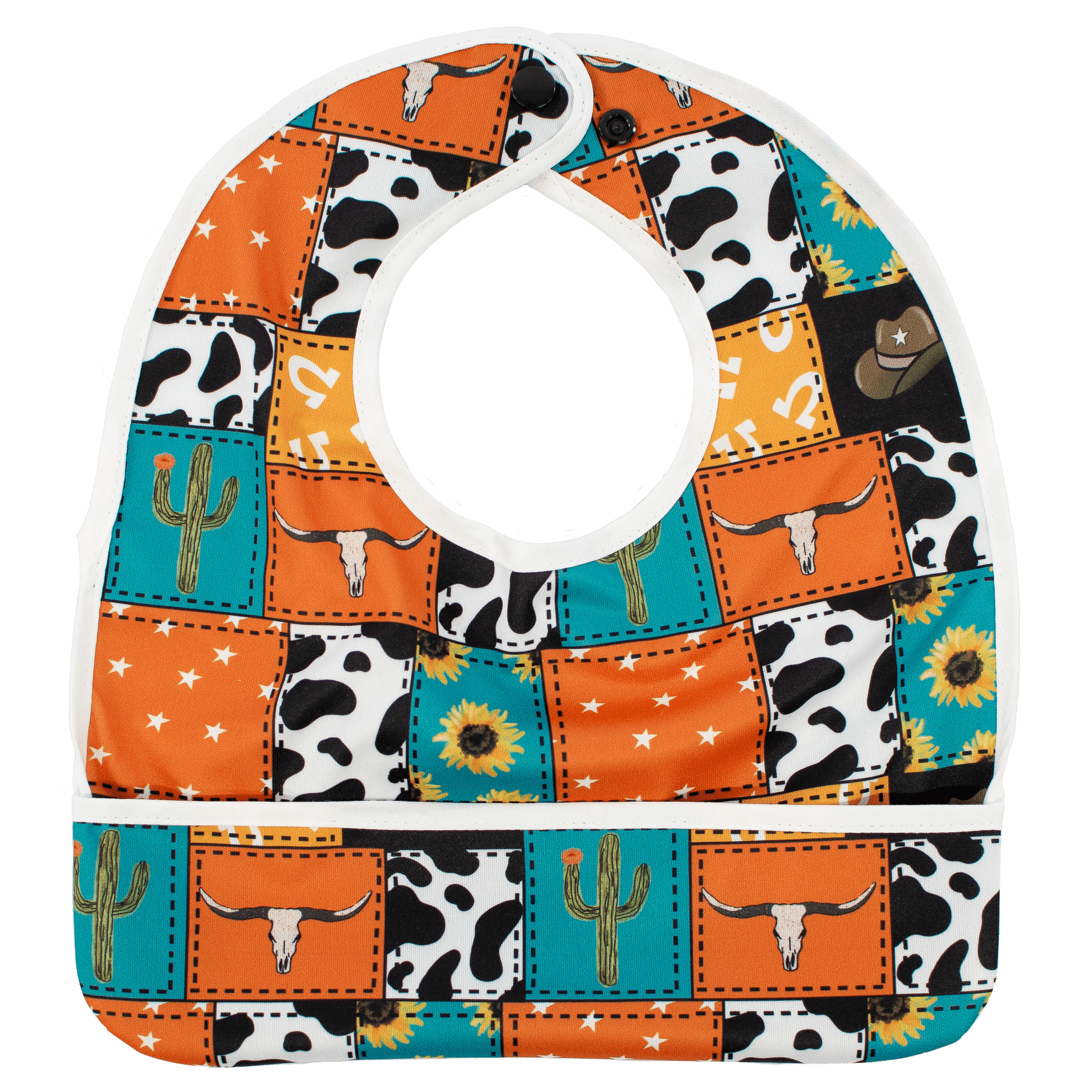 Cowboy Patches The Flip Bib Reversible Bib With Food Catching Pocket Machine Washable Water Resistant Cloth Diaper Components Texas Tushies