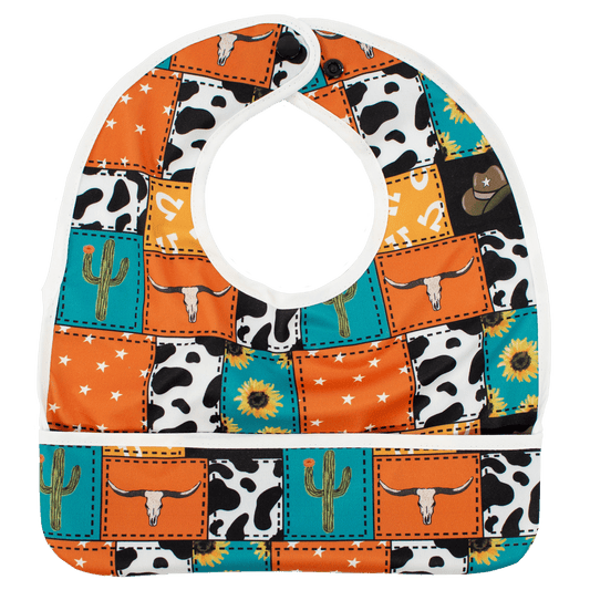 Cowboy Patches The Flip Bib Reversible Bib With Food Catching Pocket Machine Washable Water Resistant Cloth Diaper Components Texas Tushies