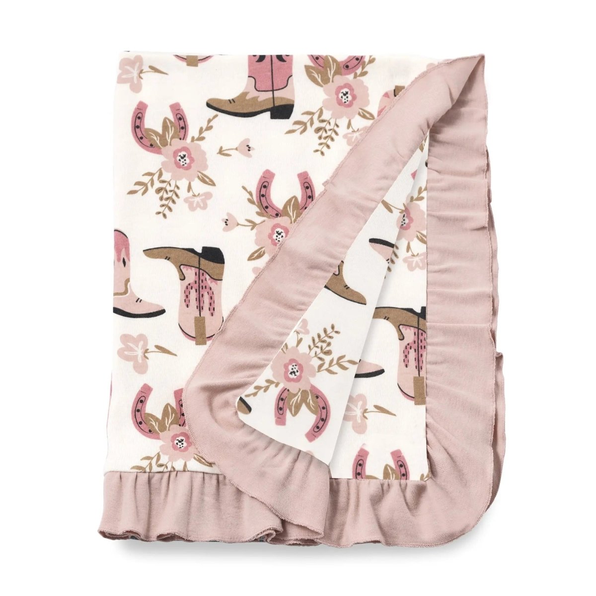 Tesa Babe Cowgirl Boots Stroller Blanket With Pink Ruffle Edges - Everetts Place Boutique - 