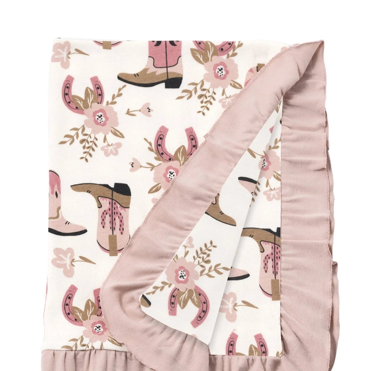 Tesa Babe Cowgirl Boots Stroller Blanket With Pink Ruffle Edges - Everetts Place Boutique - 