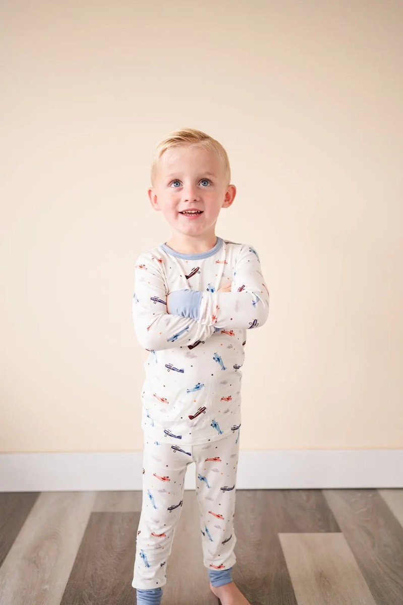 Harp Angel Boutique Cozy Bamboo Two - Piece Pajama Set with Vintage Airplane Design for Kids - 