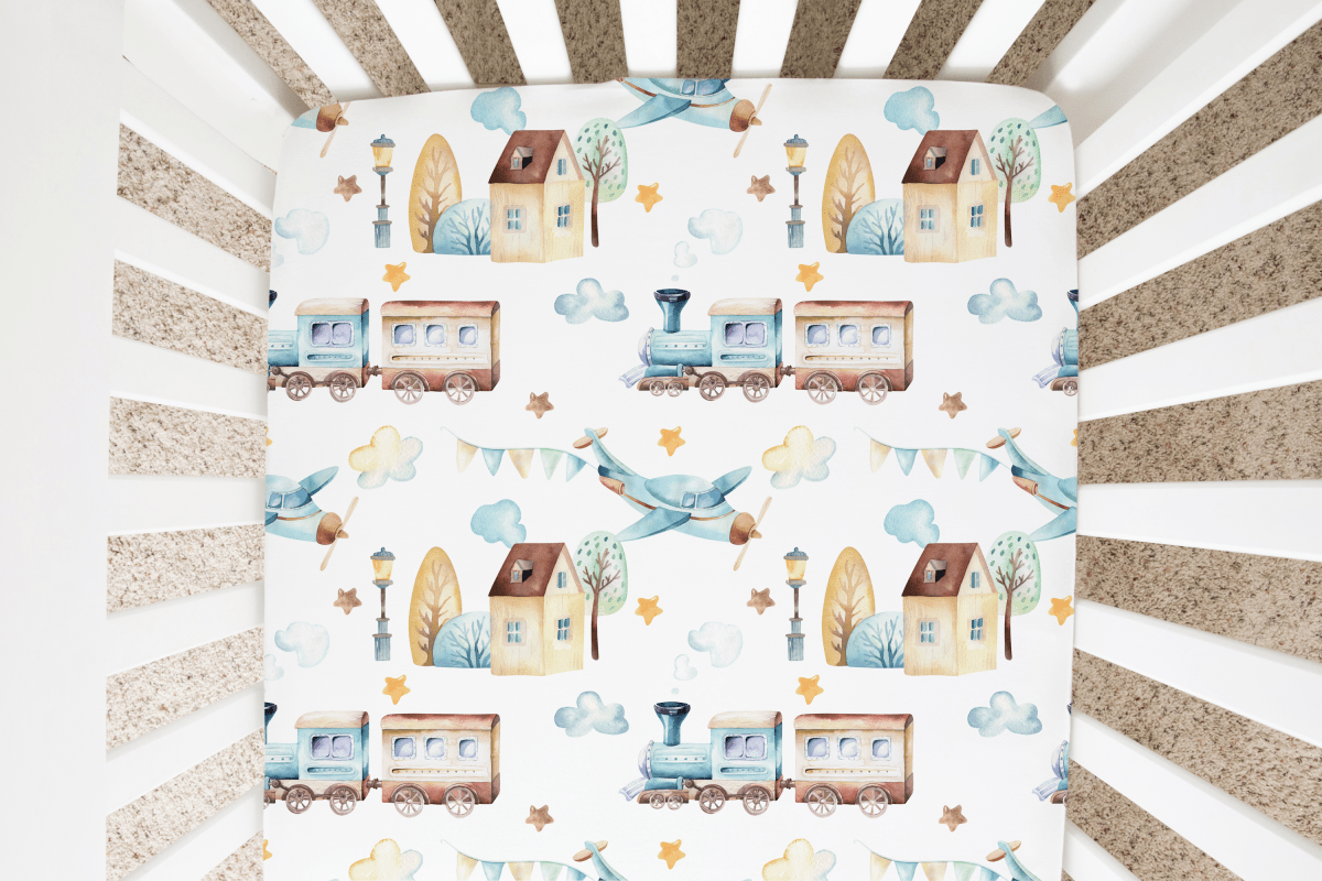 Honey Lemonade Cozy Fitted Crib Sheet with Airplane and Train Design for Babies - 