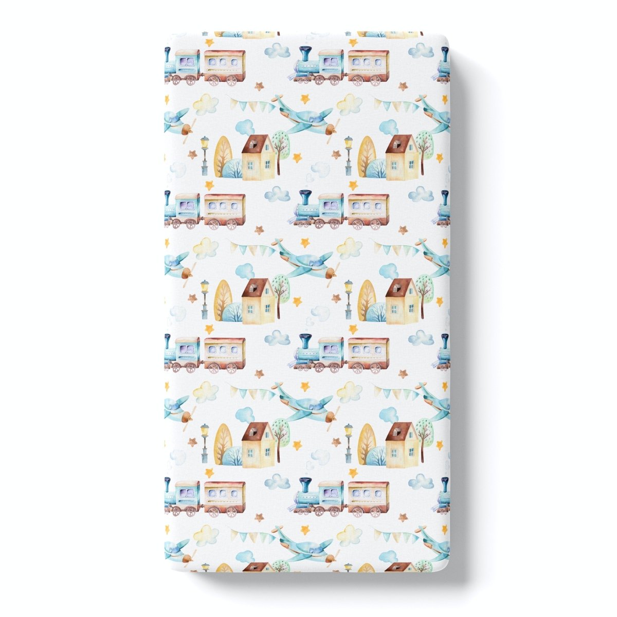 Honey Lemonade Cozy Fitted Crib Sheet with Airplane and Train Design for Babies - 
