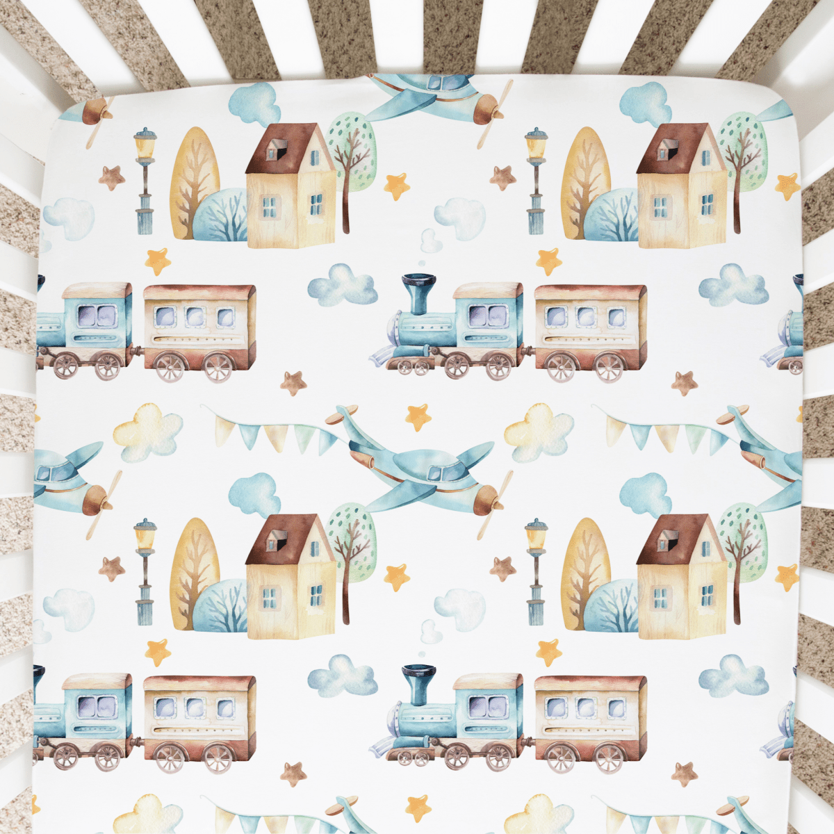 Honey Lemonade Cozy Fitted Crib Sheet with Airplane and Train Design for Babies - 