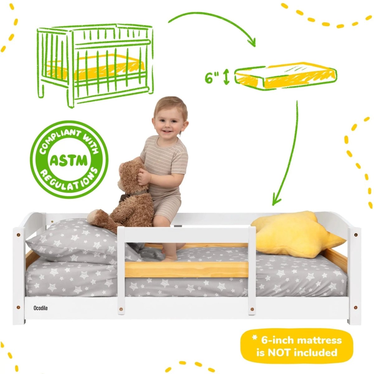 Ocodile.com Cozy Floor Bed for Toddlers with Crib Mattress Compatibility for Easy Transition - 