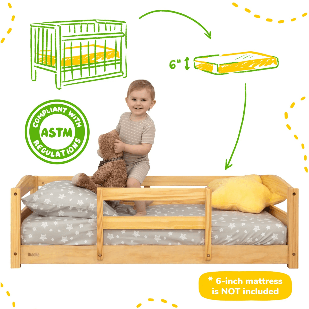 Ocodile.com Cozy Floor Bed for Toddlers with Crib Mattress Compatibility for Easy Transition - 