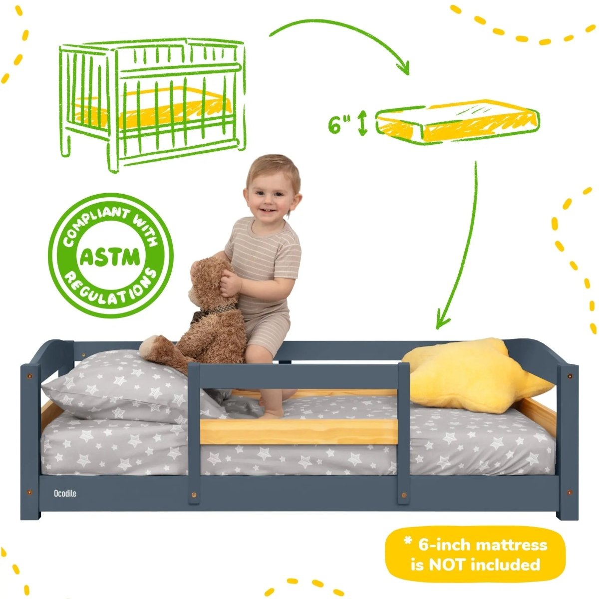 Ocodile.com Cozy Floor Bed for Toddlers with Crib Mattress Compatibility for Easy Transition - 