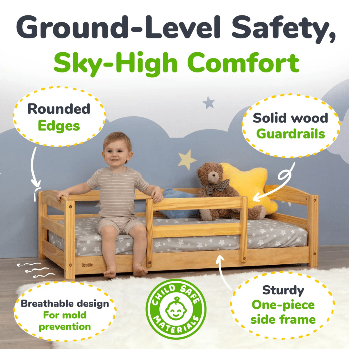 Ocodile.com Cozy Floor Bed for Toddlers with Crib Mattress Compatibility for Easy Transition - 