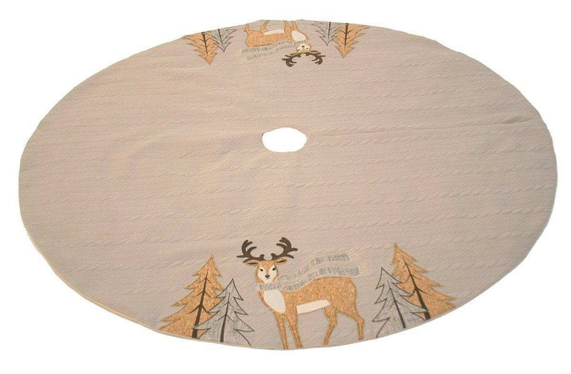 Cozy Reindeer Tree Skirt with embroidered reindeer design on sweater-inspired texture.