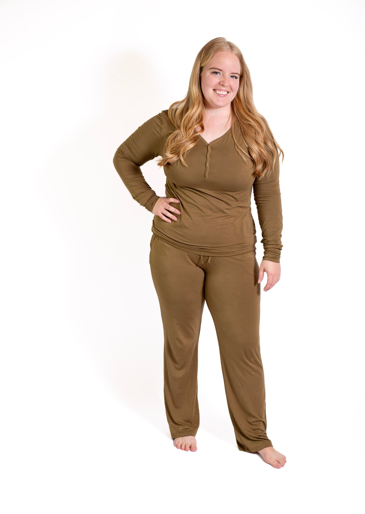 Women's Solid Long Sleeve Button Pajamas:2 Piece Bamboo Olive by Rayn’s Tiny Stitches