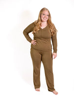 Women's Solid Long Sleeve Button Pajamas:2 Piece Bamboo Olive by Rayn’s Tiny Stitches