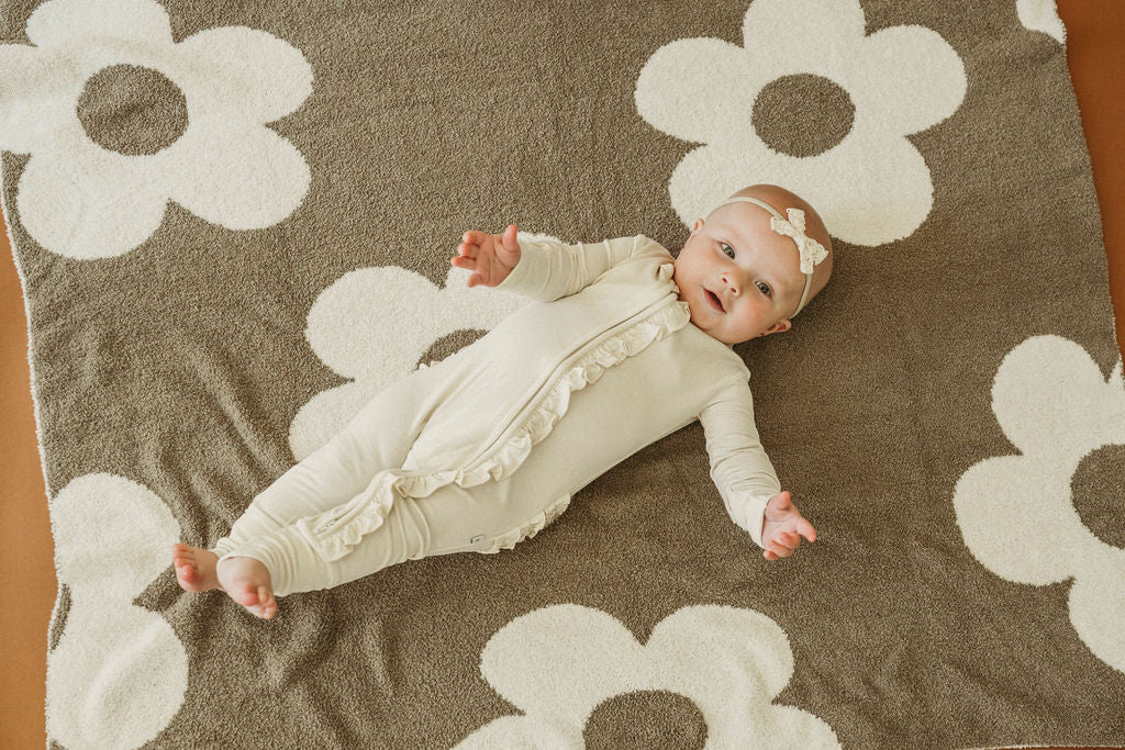 Harp Angel Boutique Cream Baby Pajamas | Ruffle Zipper Romper - 