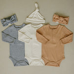 Mebie Baby Cream Bamboo Snap Long Sleeve Ribbed Bodysuit - 