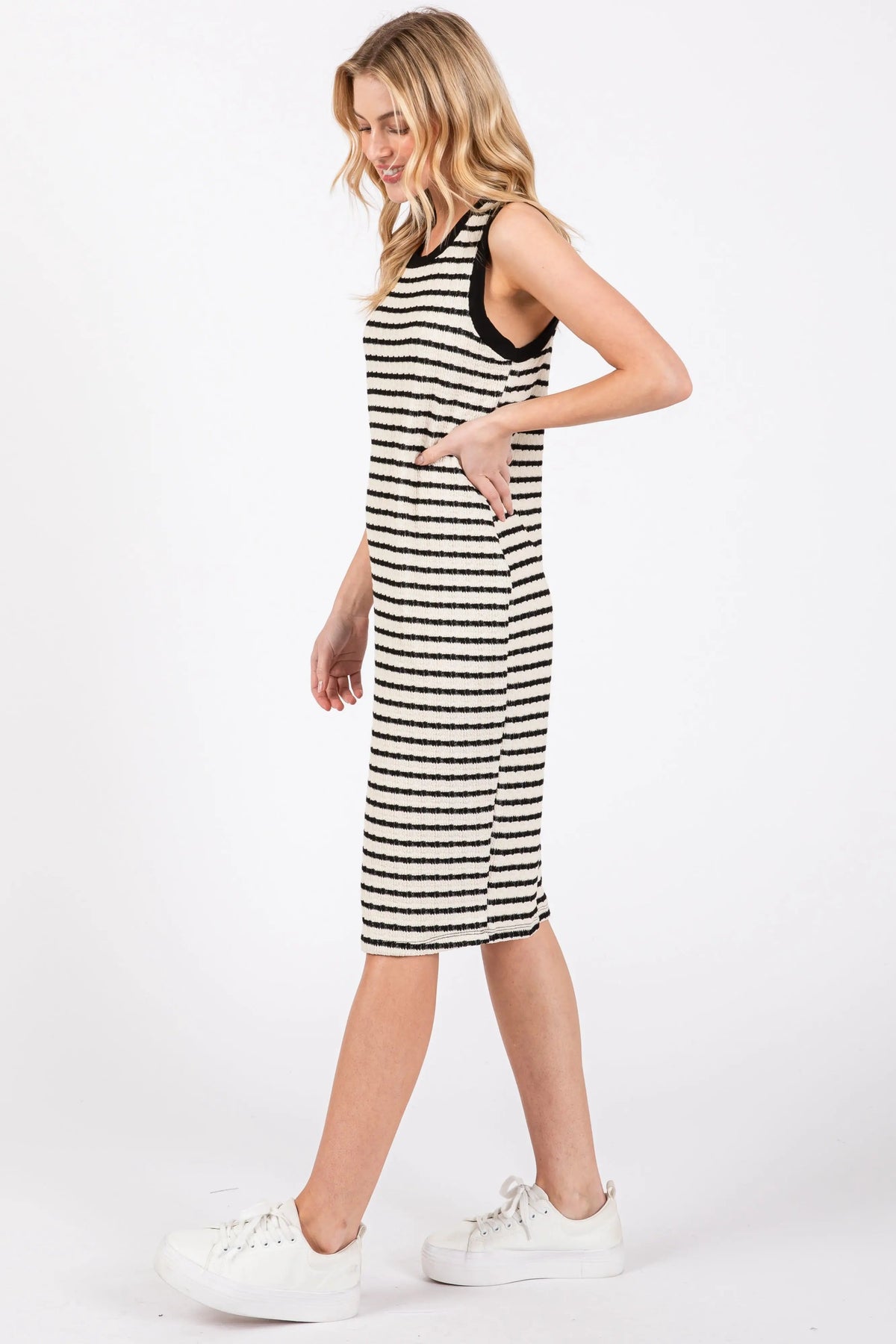PinkBlush Cream Black Striped Sleeveless Fitted Knit Dress - 