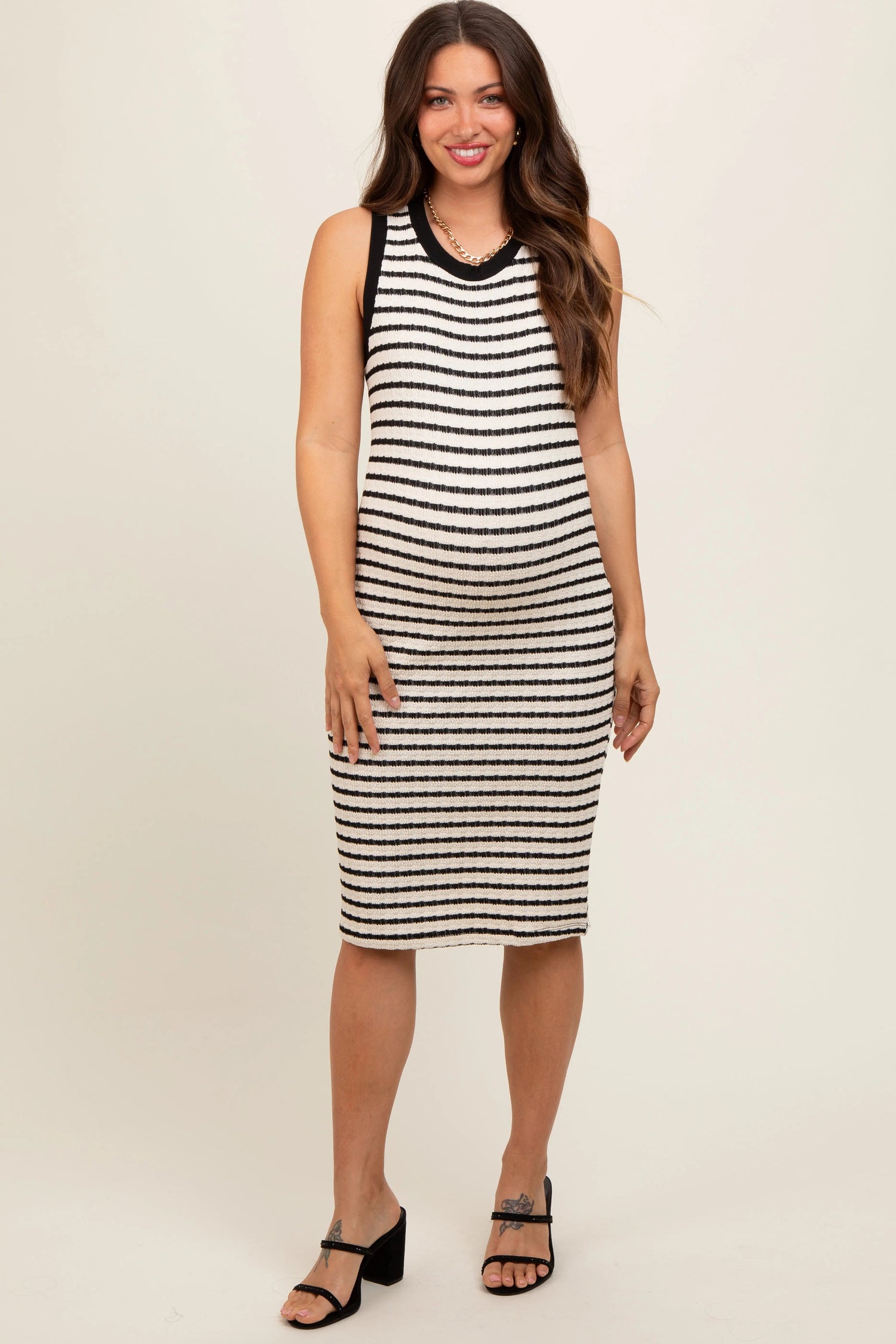 Cream Black Striped Sleeveless Fitted Knit Maternity Dress - Shoulder, Fashion, Sleeveless shirt, Neck, One-piece garment | Everetts Place