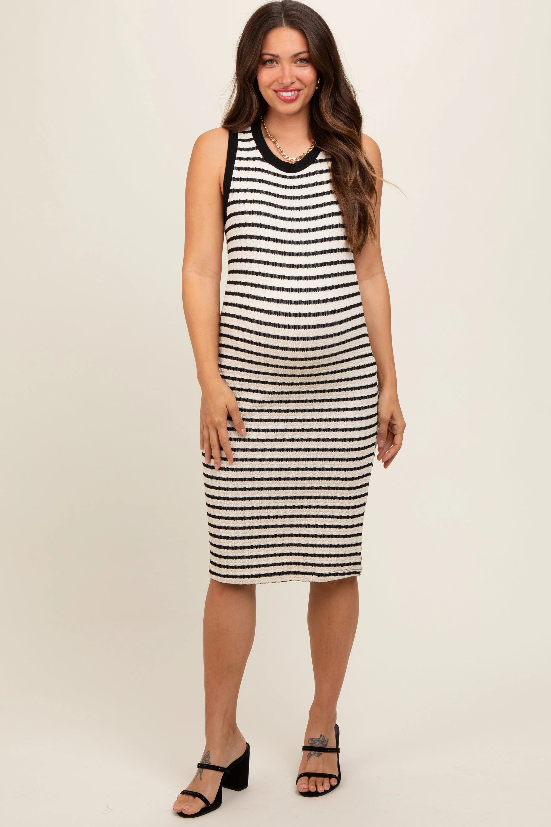 Cream Black Striped Sleeveless Fitted Knit Maternity Dress - Shoulder, Fashion, Sleeveless shirt, Neck, One-piece garment | Everetts Place