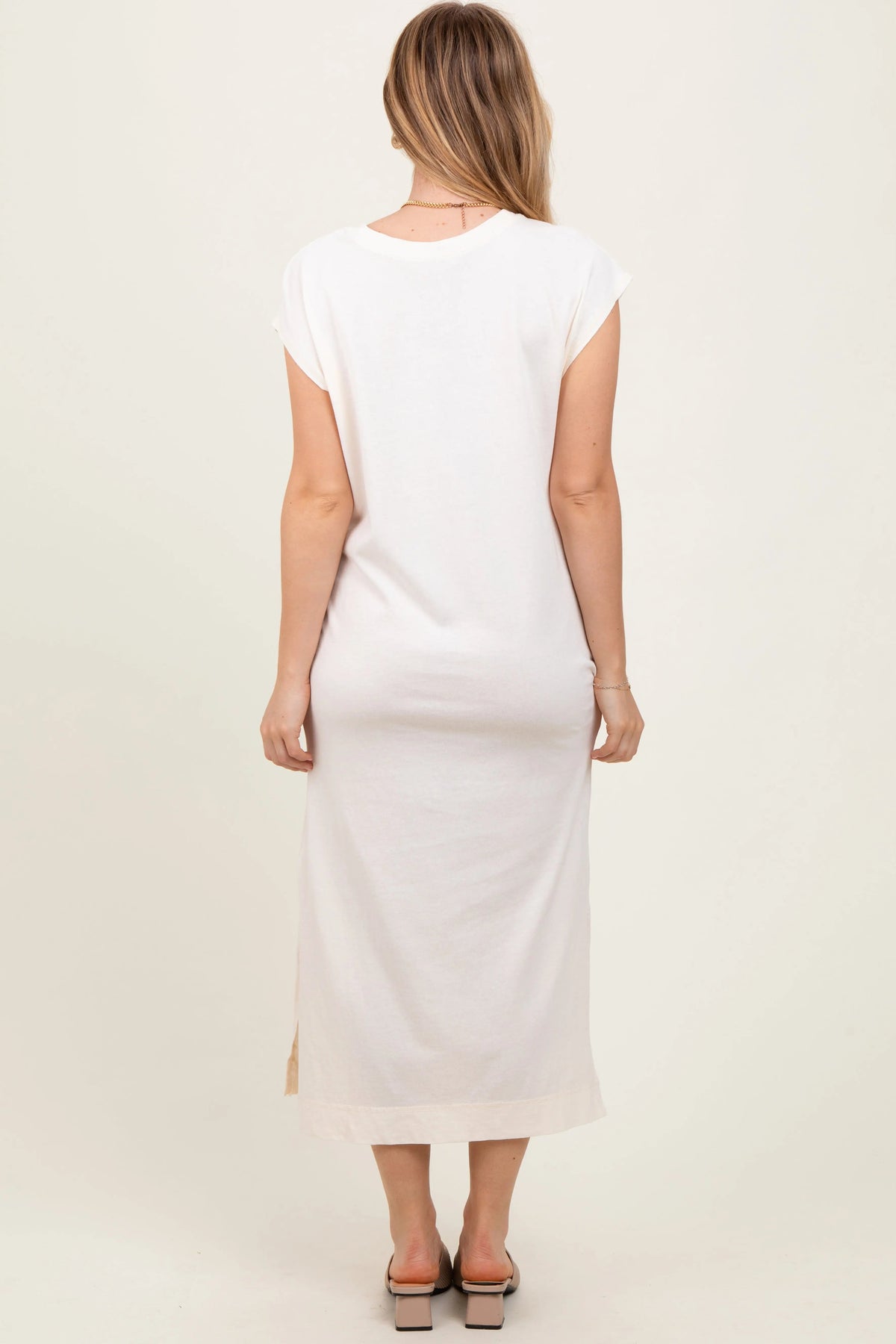 PinkBlush Cream Casual Sleeveless Pocketed Midi Dress - 