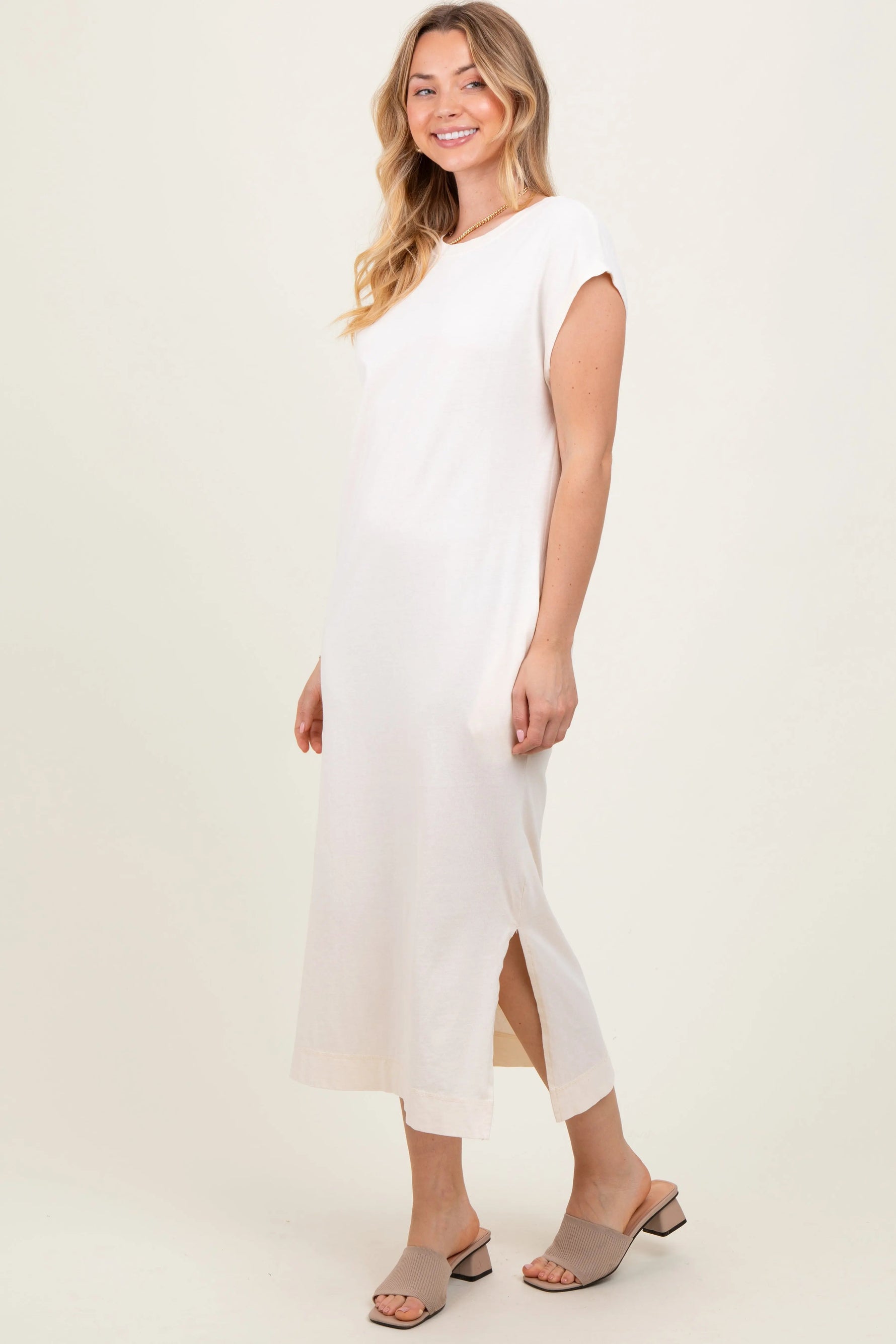 PinkBlush Cream Casual Sleeveless Pocketed Midi Dress - 