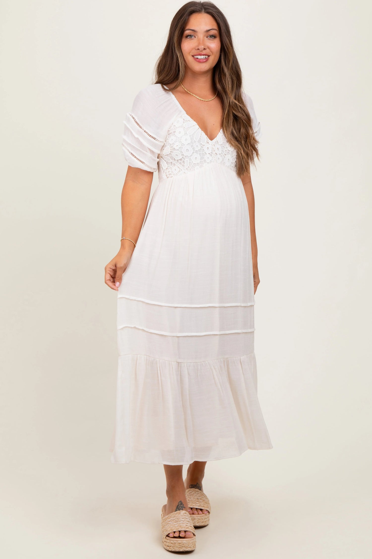 PinkBlush Cream Crochet Detail Bodice Maternity Midi Dress - 