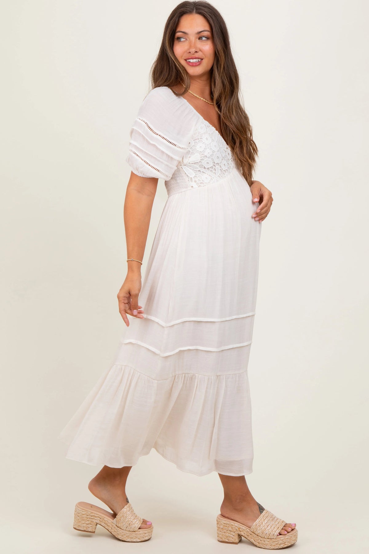 PinkBlush Cream Crochet Detail Bodice Maternity Midi Dress - 