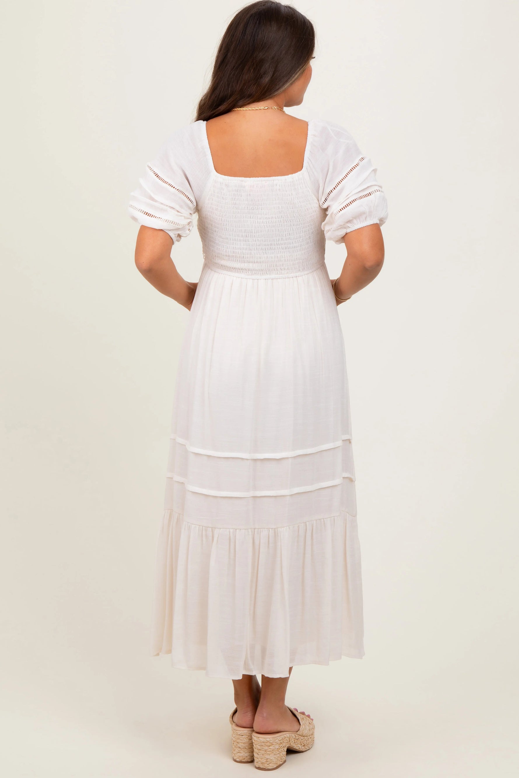 PinkBlush Cream Crochet Detail Bodice Maternity Midi Dress - 