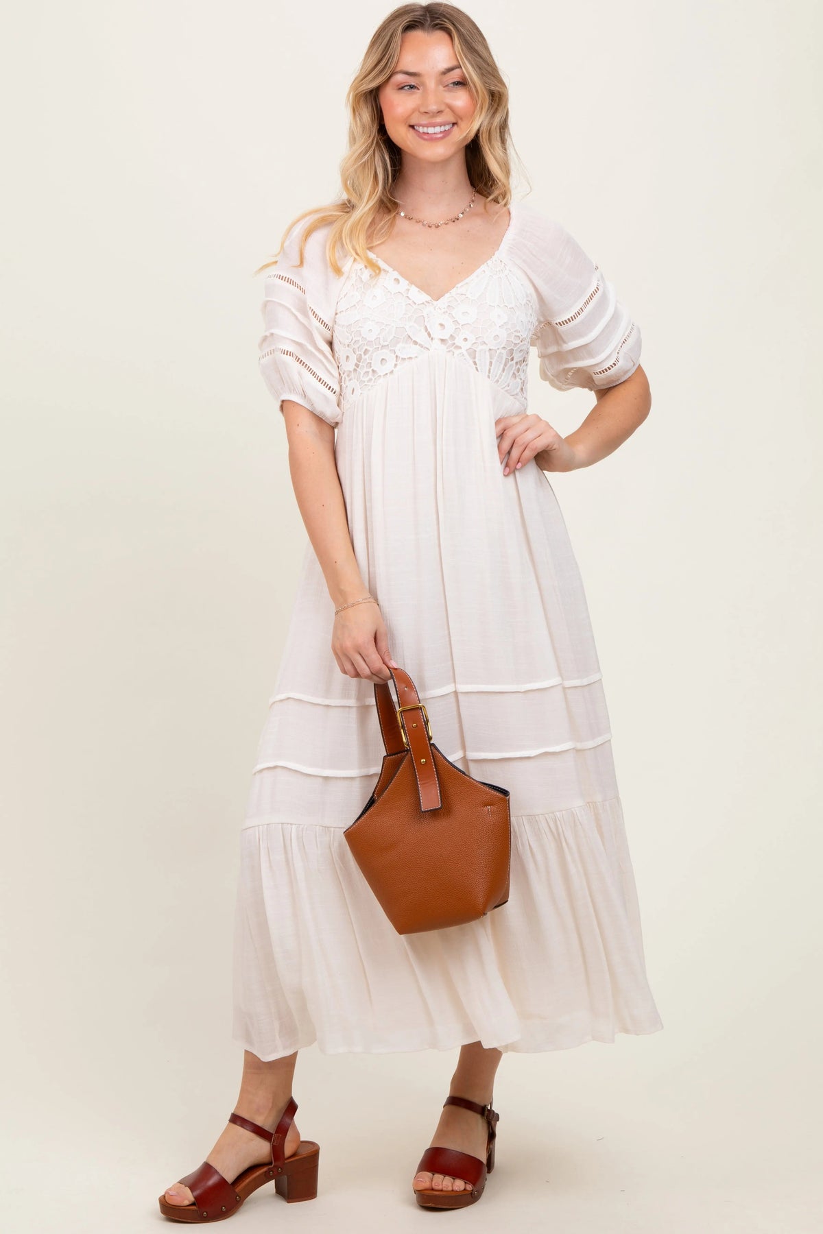 PinkBlush Cream Crochet Detail Bodice Midi Dress - 
