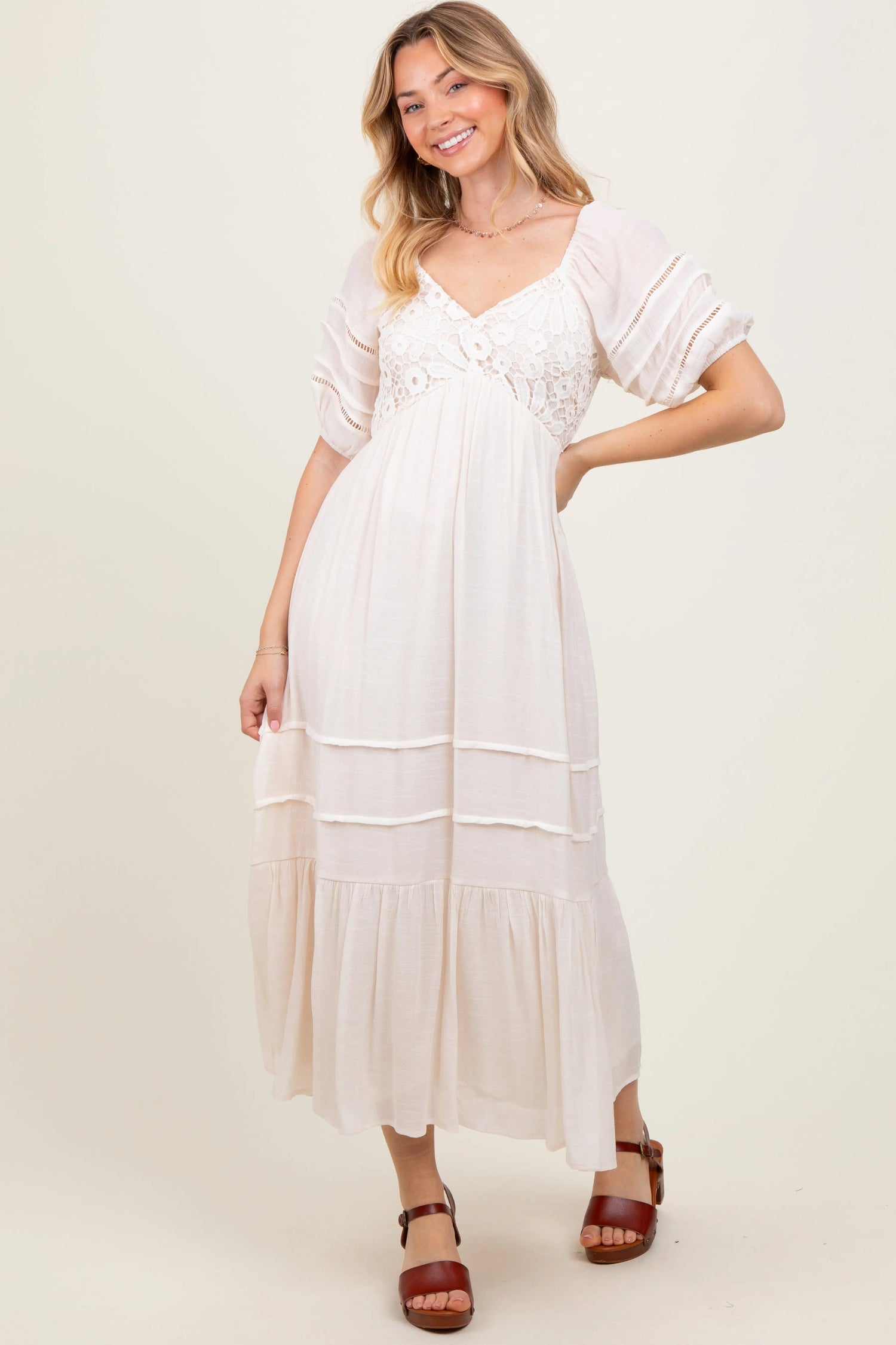 PinkBlush Cream Crochet Detail Bodice Midi Dress - 