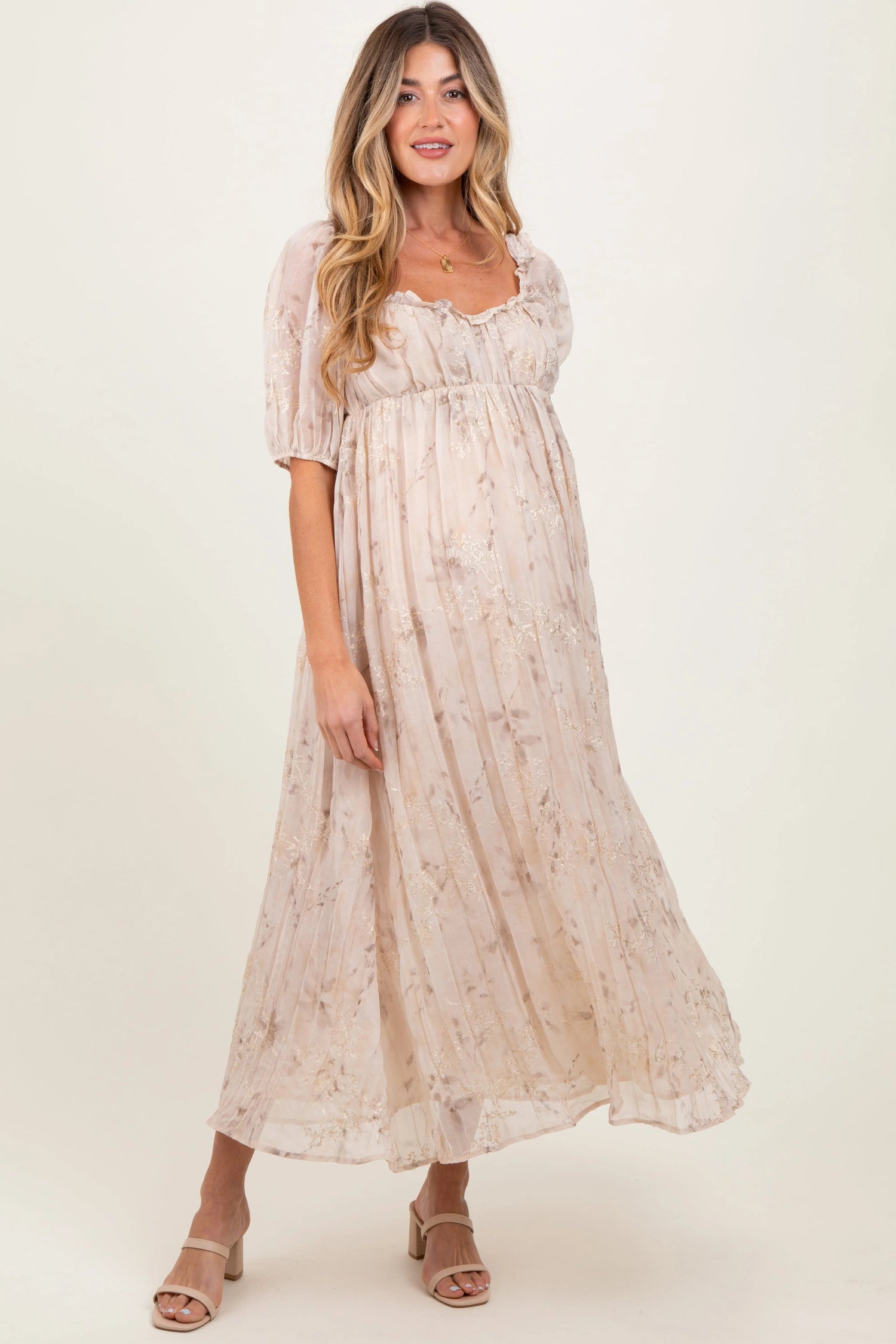 PinkBlush Cream Floral Chiffon Embroidered Ruffle Trim Maternity Maxi Dress - 
