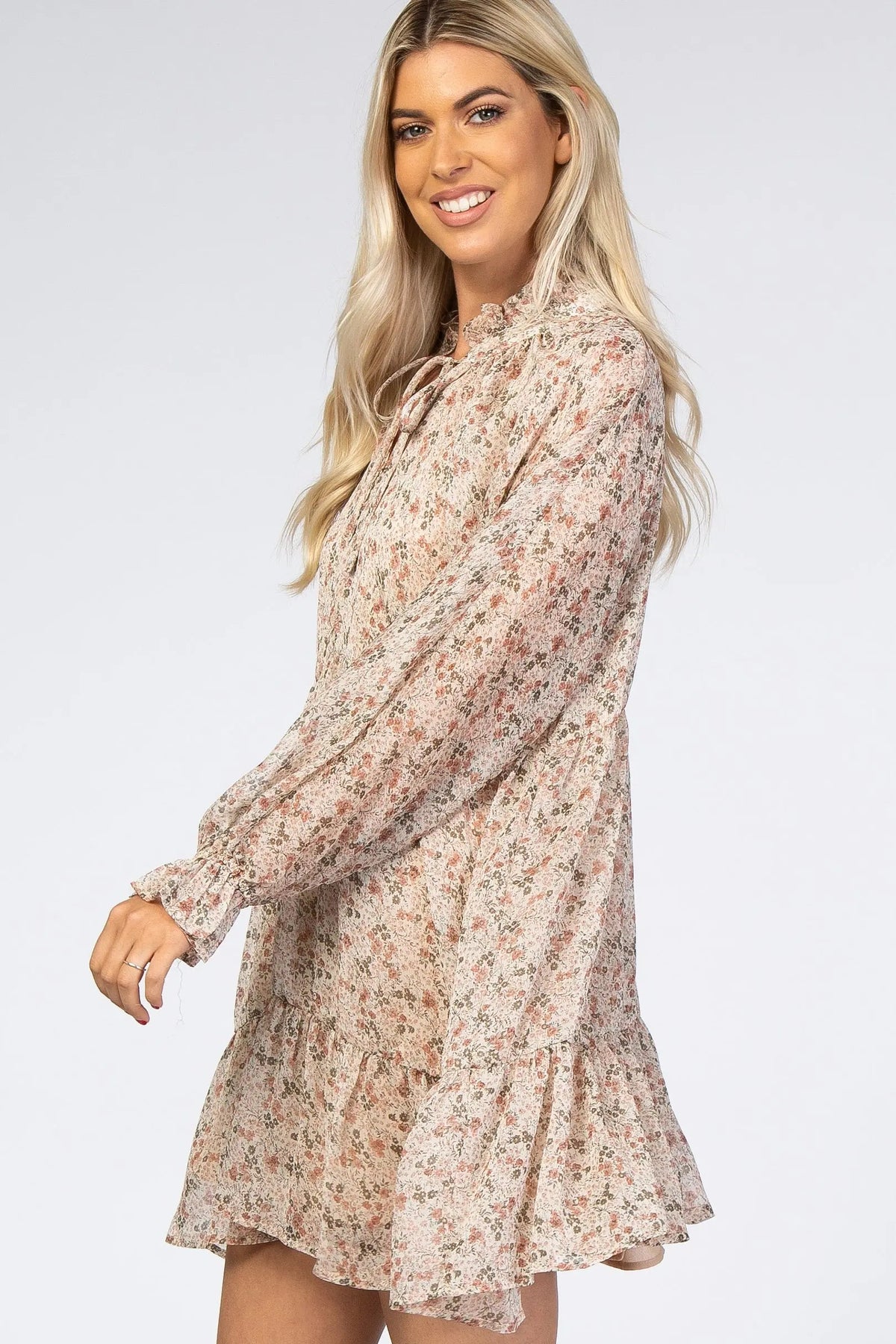 PinkBlush Cream Floral Chiffon Ruffle Hem Dress - 