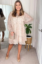 PinkBlush Cream Floral Chiffon Ruffle Hem Dress - 