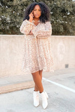 PinkBlush Cream Floral Chiffon Ruffle Hem Dress - 