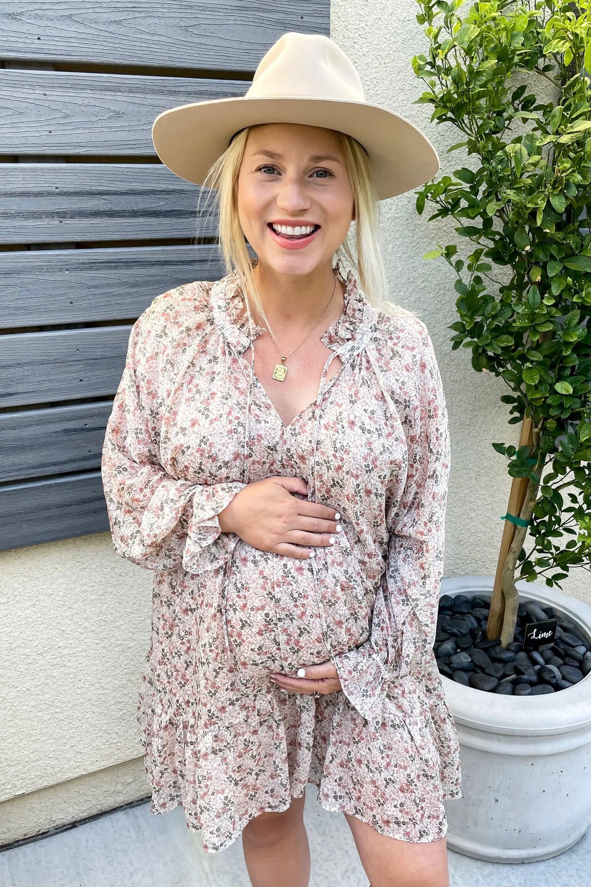 PinkBlush Cream Floral Chiffon Ruffle Hem Maternity Dress - 